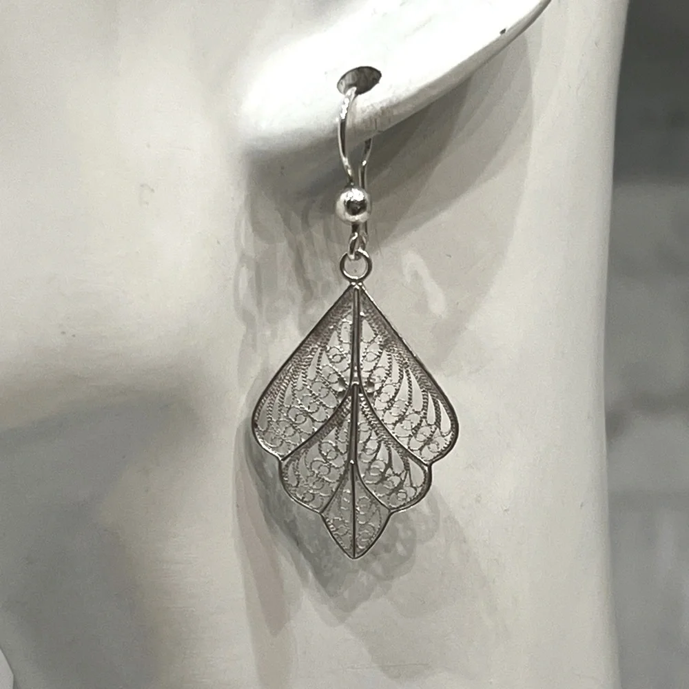 Sterling Silver Filigree Dangle Leaf Earrings - Picture 6 of 9